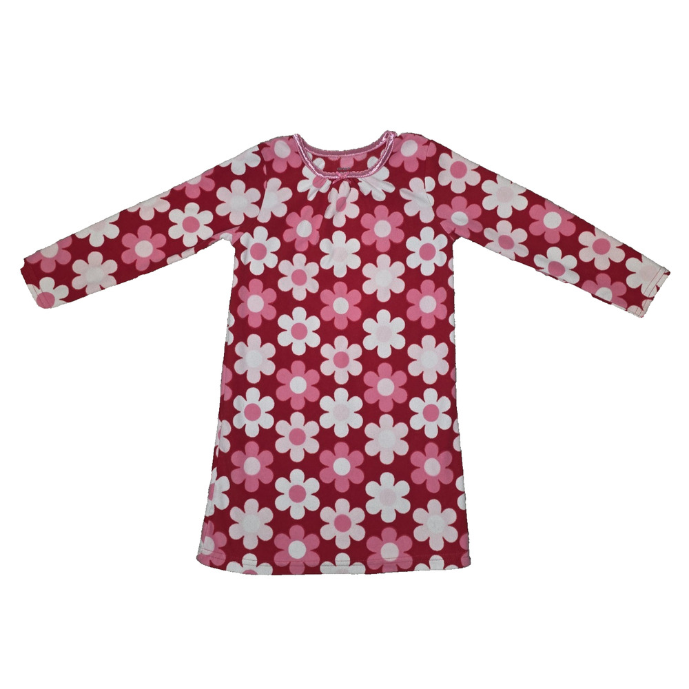 Retro Long Nightgown Mod Floral Fleece Red Pink Girls Size XS 3 / 4T
